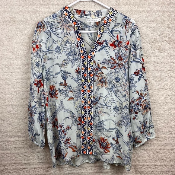 Karyn Seo Floral Embroidered Shirt Tunic Top Blouse 3/4 Sleeves Medium - Picture 1 of 16